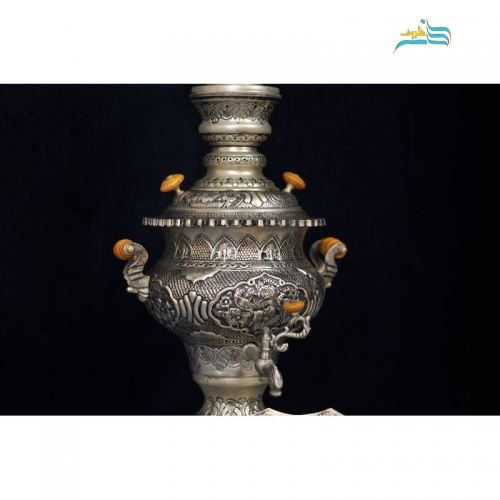 سرویس سماور، چای خوری و تنگ شاخدار برنجی با روکش کوره ای نقره