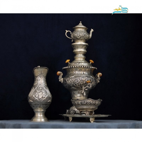 سرویس سماور، چای خوری و تنگ شاخدار برنجی با روکش کوره ای نقره