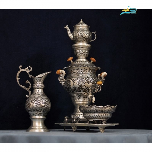 ست 5 تکه سماور برنجی دکوری روکش نقره - هنرظریف