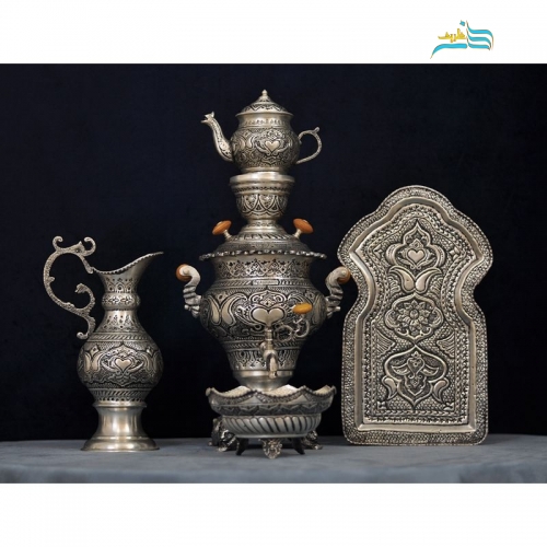 سرویس سماور برنجی روکش نقره،  قلمزنی اعلاء امضا دار با پوشش کوره ای