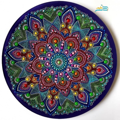 بشقاب شیشه ایی نقطه کوبی دیوارکوب پرطاووسی با رنگ متالیک مرغوب و ساده