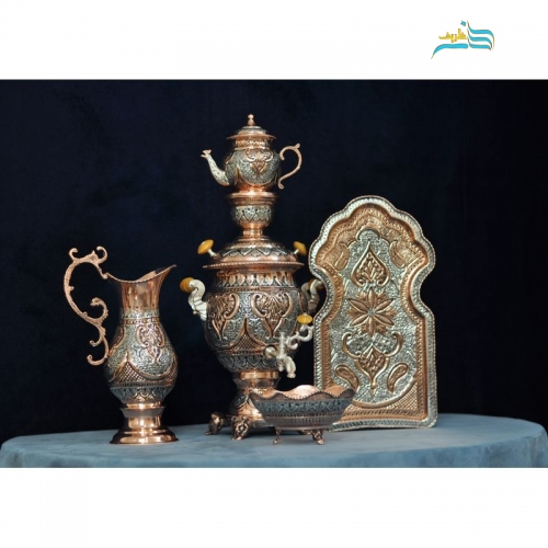 سرویس سماور و چای خوری قلمزنی، طرح اسلیمی با روکش نقره و مس