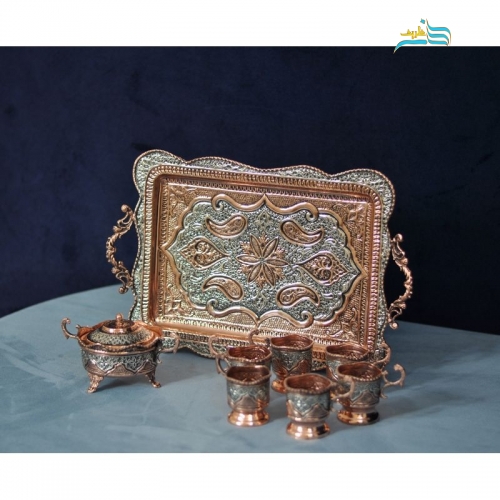 سرویس سماور و چای خوری قلمزنی، طرح اسلیمی با روکش نقره و مس