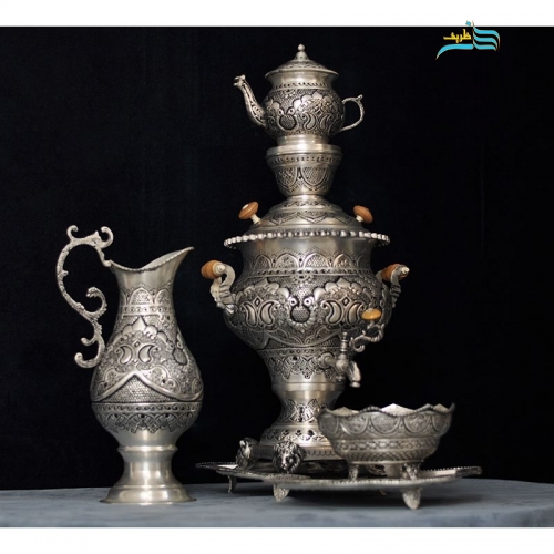 سرویس سماور 5 لیتری و آفتابه لگن برنجی با روکش نقره کوره ای