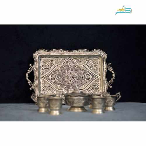 سرویس سماور و چای خوری برنجی با روکش نقره قلمزنی 4 لیتری