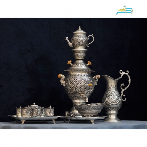 ست سماور و چایخوری برنجی قلمزنی روکش نقره - هنرظریف