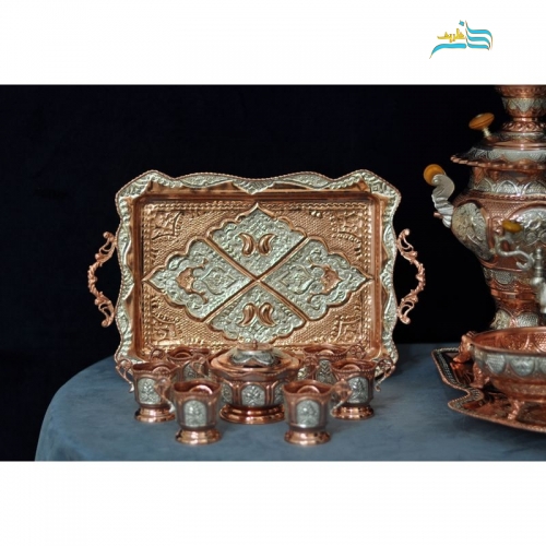 سرویس سماور و چای خوری 3 لیتری قلمزنی برنجی با روکش مس و نقره