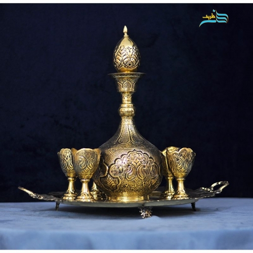 سرویس سماور 5 لیتری و شربت خوری برنجی قلمزنی، سیاه قلم