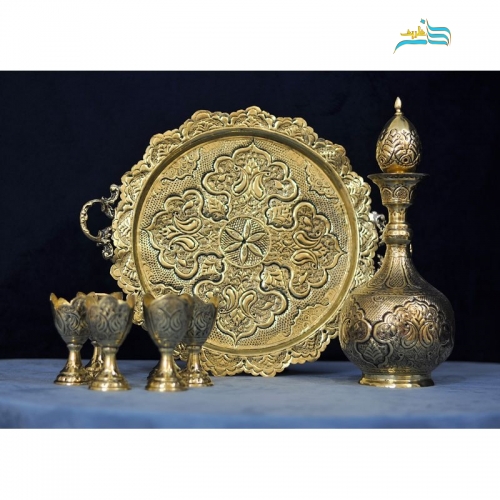 سرویس سماور 5 لیتری و شربت خوری برنجی قلمزنی، سیاه قلم