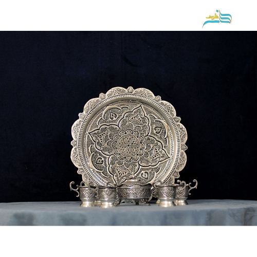 سرویس سماور و چای خوری برنجی 4 لیتری قلمزنی با آبکاری نقره