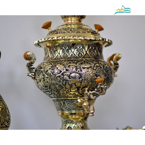 سرویس سماور برنجی قلمزنی 5 لیتری اعلاء با روکش سیاه قلم