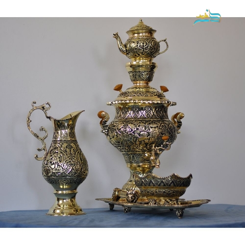 سرویس سماور قلم زنی 5 لیتری اعلاء با روکش سیاه قلم و کوره ای، با رنگ ثابت - هنرظریف