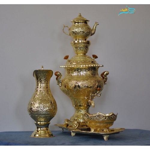 سرویس سماور قلم زنی 5 لیتری اعلا با جنس برنج و روکش شبه طلا، رنگ ثابت - هنرظریف