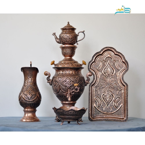 سرویس سماور برنجی قلمزنی با روکش کوره ای مسی سیاه قلم