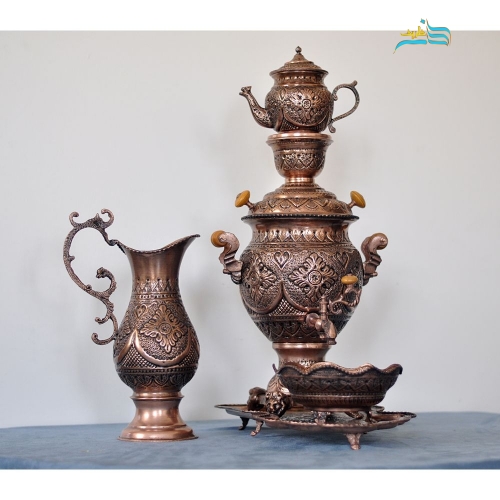 سرویس 5 تکه سماور برنجی قلم زنی اعلاء با روکش کوره ای مسی - هنرظریف