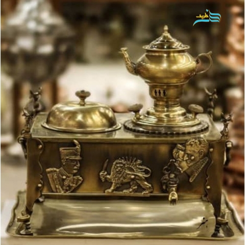 منقل سماوری برنجی به همراه سینی  و قوری، رنگ آنتیک - هنرظریف