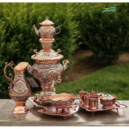 سماور 4 لیتری برنجی قلمزنی ریزه اعلاء با آبکاری مس و نقره، سیاه قلم با 10 سال ضمانت آبکاری - هنرظریف