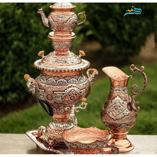 سماور 4 لیتری برنجی قلمزنی ریزه اعلاء با آبکاری مس و نقره، سیاه قلم