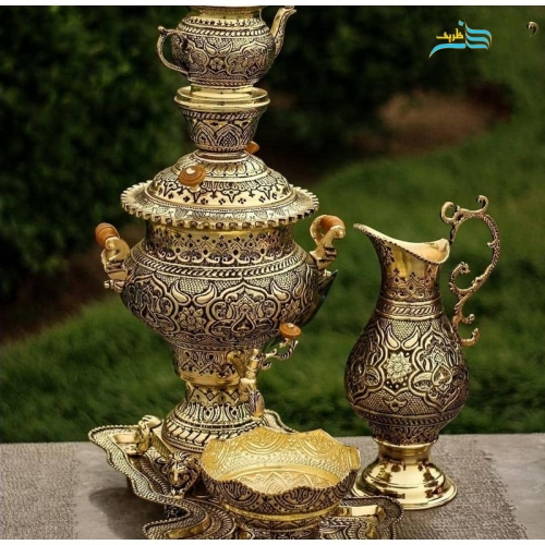 سرویس سماور برنجی و چایخوری  قلم دست اعلاء، سیاه قلم، 4 لیتری