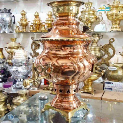 سماور ذغالی ۴ لیتر ورق مس و برنج، مس خالص باهنر کرمان لبه ریخته گری برنجی