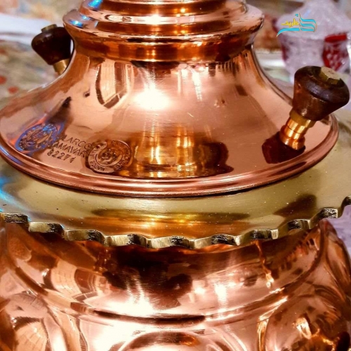 سماور ذغالی ۴ لیتر ورق مس و برنج، مس خالص باهنر کرمان لبه ریخته گری برنجی