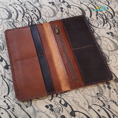 کیف پول مردانه چرم بزی ترکیب عسلی و قهوه ای دارای 6 جای کارت افقی بسیار زیبا - هنرظریف