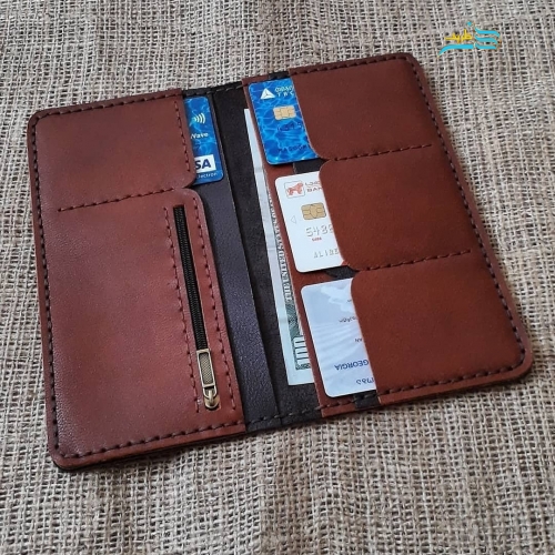 کیف پول کتی مردانه چرم بزی تمام دستدوز در دو رنگ عسلی و قهوه ای - هنرظریف