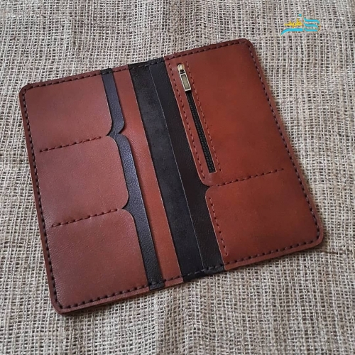 کیف پول کتی مردانه چرم بزی تمام دستدوز در دو رنگ عسلی و قهوه ای