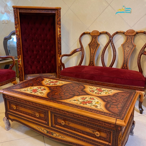 مبلمان معرق 7 نفره کلاسیک چپندر و میز وسط کاملاً دست ساز با چوب راش - هنرظریف