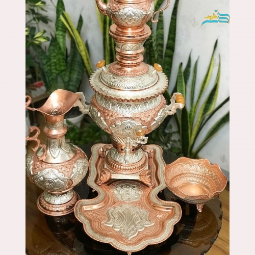 سماور برنجی 6 لیتری با آبکاری دو رنگ مس و نقره کوره ای، سنگین وزن