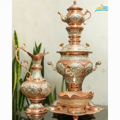 سماور برنجی 6 لیتری آبکاری دو رنگ مسی و نقره سنگین وزن بدون تغییر رنگ، پوشش کوره ای - هنرظریف