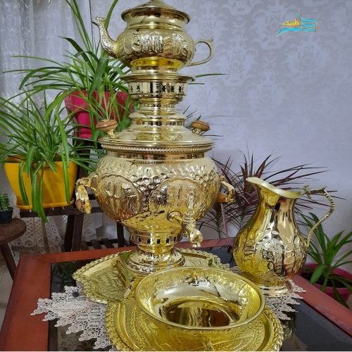 سرویس سماور زغالی قلمزنی برنجی، دسته بخواب با کیفیت بالا