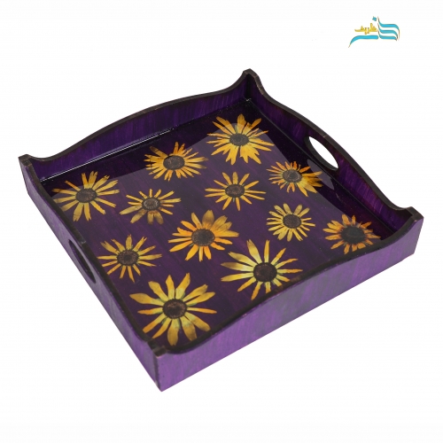 سینی پذیرایی چوبی طرح گل کوکب شامل سینی چوبی و رزین - هنرظریف