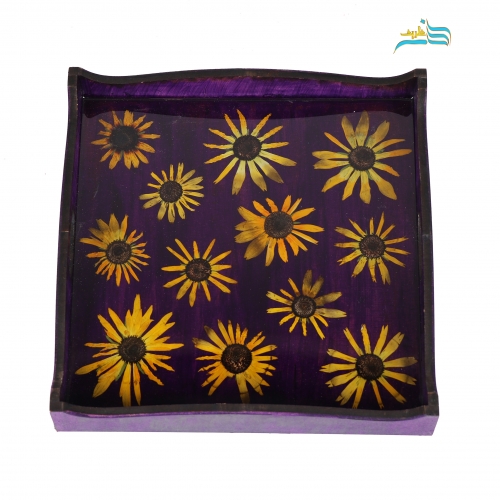 سینی پذیرایی چوبی طرح گل کوکب شامل سینی چوبی و رزین