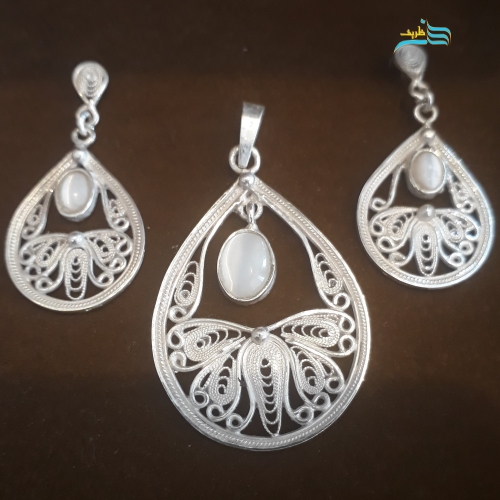 نیم ست ملیله طرح اشک نگین دار جنس نقره با عیار بالا کاملا دستساز با کیفیت بالا - هنرظریف