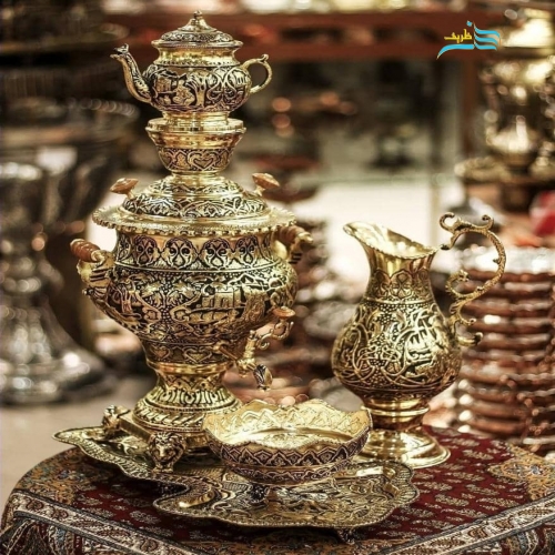 سرویس سماور دکوری برنجی ٤ لیتری با آبکاری شبه طلا و پوشش نانو - هنرظریف