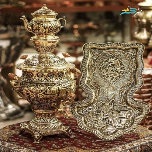 سرویس سماور دکوری قلمزنی برنجی ٤ لیتری با آبکاری شبه طلا