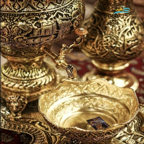 سرویس سماور دکوری قلمزنی برنجی ٤ لیتری با آبکاری شبه طلا