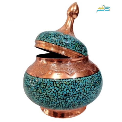 قندان فیروزه کوبی مدل قلم زنی درجه 1 با کیفیت بالا و ضمانت محصول سنگ فیروزه اصل نیشابور