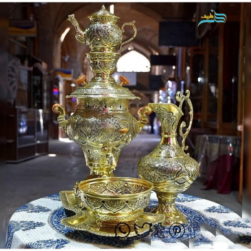 سرویس سماور برنجی زغالی قلمزنی گل و مرغ لعابکاری طلایی رنگ ثابت - هنرظریف