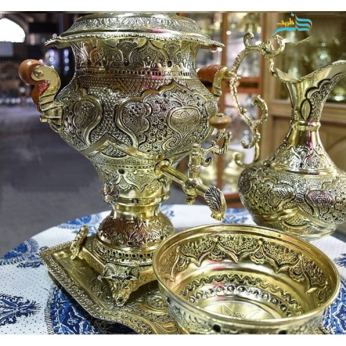 سرویس سماور برنجی دست ساز دکوری، قلمزنی گل و مرغ، سیاه قلم