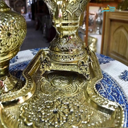 سرویس 5 تکه سماور قلمزنی برنجی دکوری با آبکاری برنج زرد و سیاه قلم