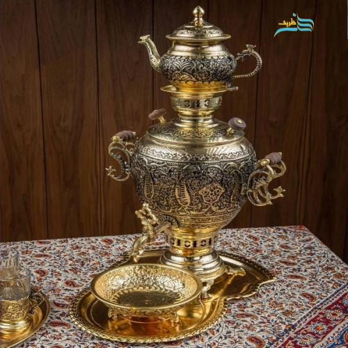 سرویس سماور زغالی برنجی قلمزنی زغالی با لعاب کاری طلایی دست ساز
