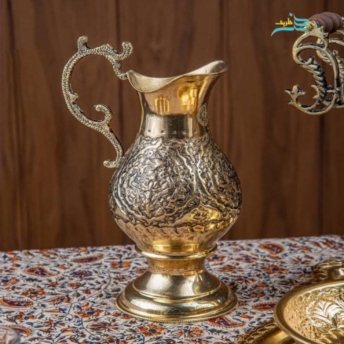 سرویس سماور زغالی برنجی قلمزنی زغالی با لعاب کاری طلایی دست ساز