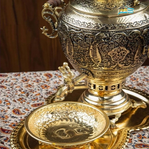 سرویس سماور زغالی برنجی قلمزنی زغالی با لعاب کاری طلایی دست ساز