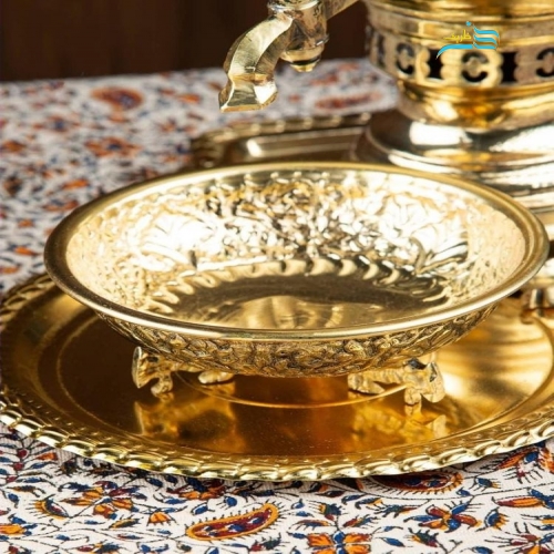 سرویس سماور زغالی برنجی قلمزنی زغالی با لعاب کاری طلایی دست ساز