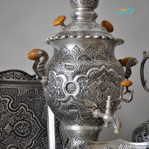 سرویس سماور ٣.٥ لیتری و چایخوری قلم دست اعلاء برنجی با آبکاری نقره