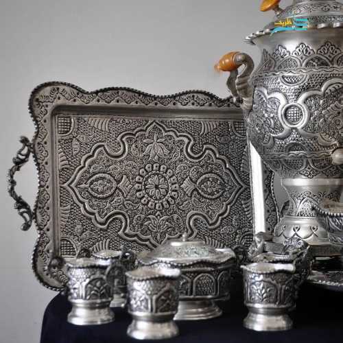 سرویس سماور ٣.٥ لیتری و چایخوری قلم دست اعلاء برنجی با آبکاری نقره