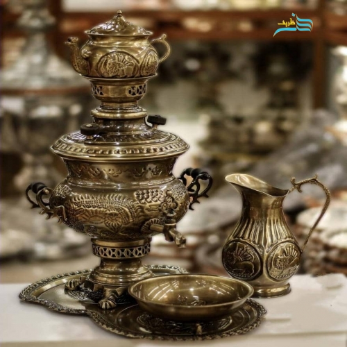 سرویس سماور زغالی برنجی ٤ لیتری نانو شده ریز قلم با ورق ضخیم برنجی - هنرظریف