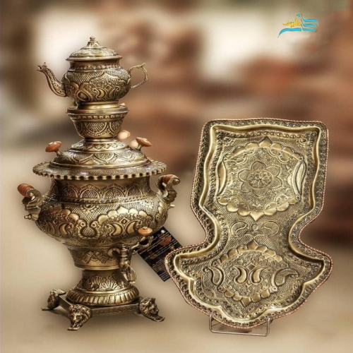 سرویس سماور 4 لیتری برنجی و چایخوری ریز قلم آنتیک شده